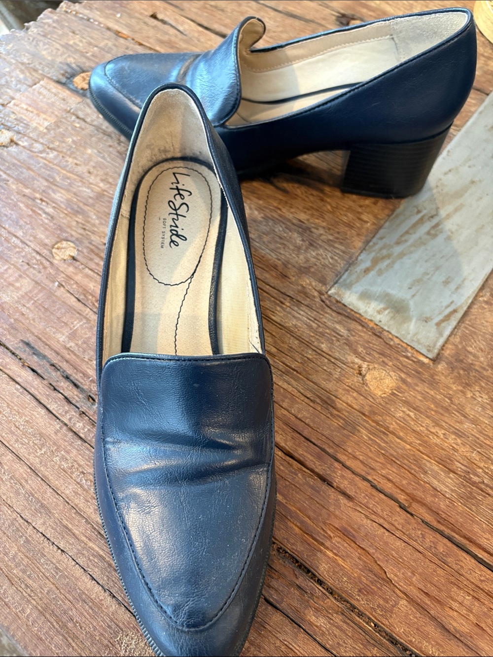 Life Stride Navy Leather Low Block Heel Loafers